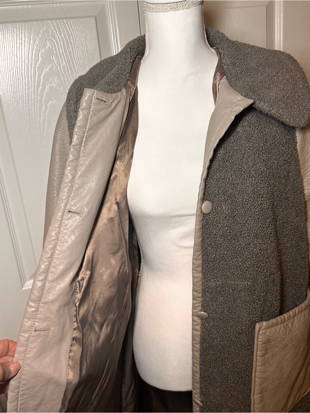 Cozy Two-Tone Teddy Long Coat in Gray & Cream - Picture 2 of 6